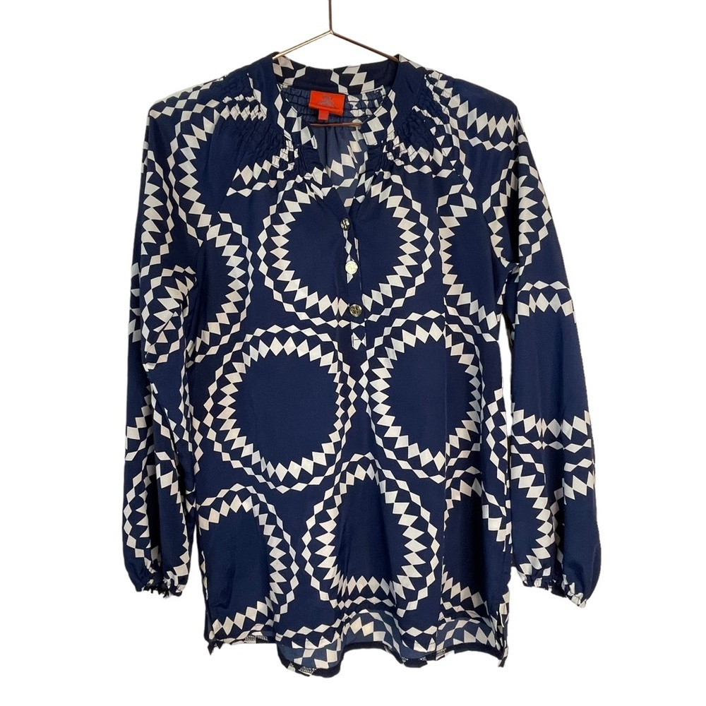 Tracy Negoshian Blue White Button Front Tunic Blouse